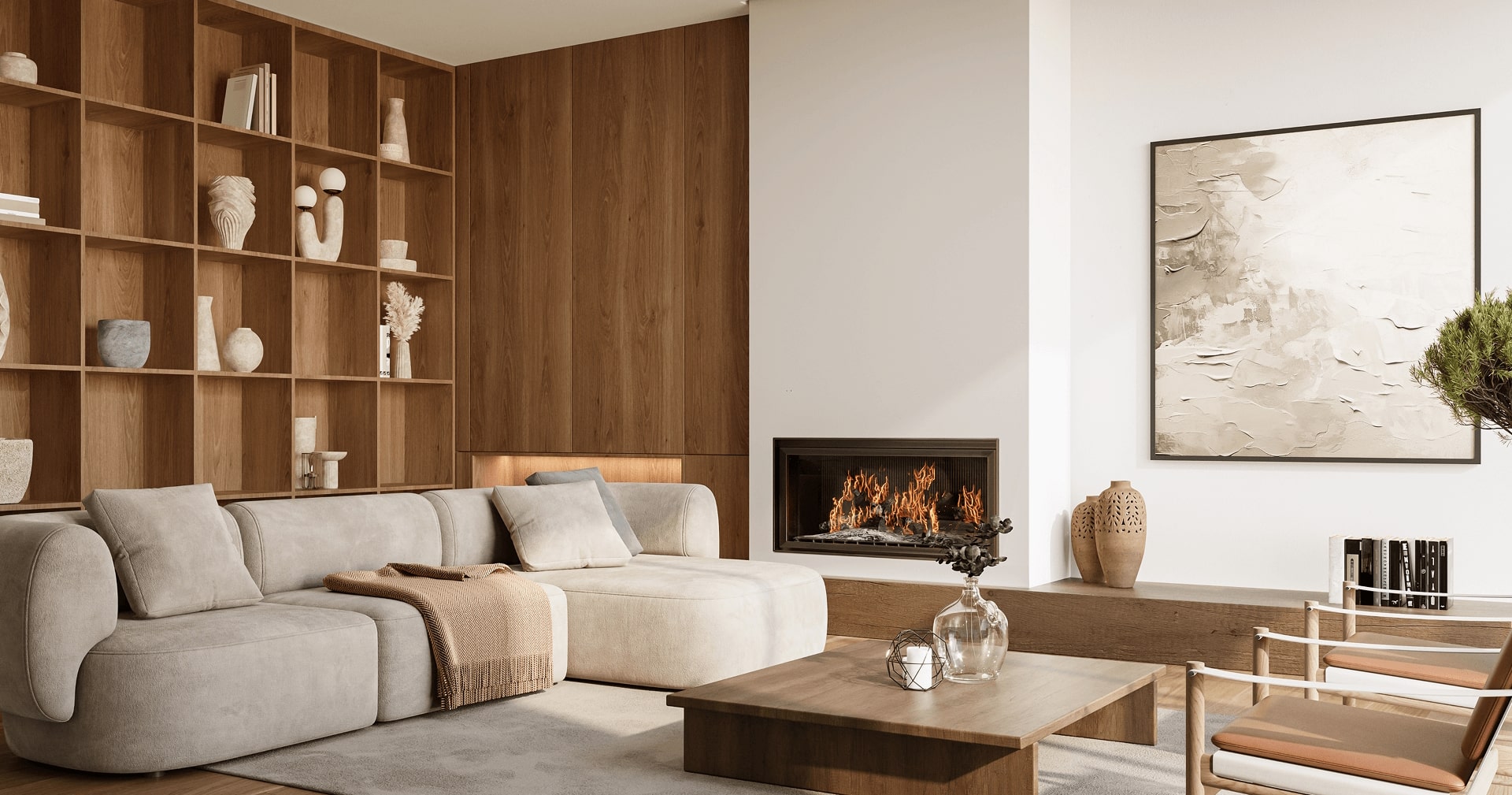 Warm modern living room with white oak millwork and a linear fireplace by Magnolia Construction